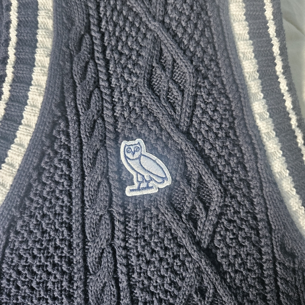 OVO x UofT Women's Cable Knit Sweater Vest Navy White 100% Cotton Large - Picture 5 of 8